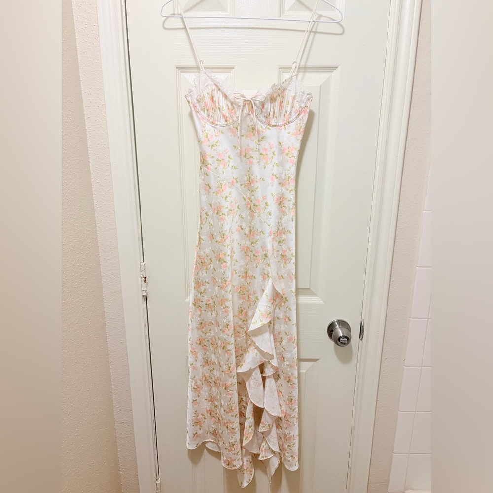 For Love & Lemons White Floral Midi Dress with Pink and Green Accents